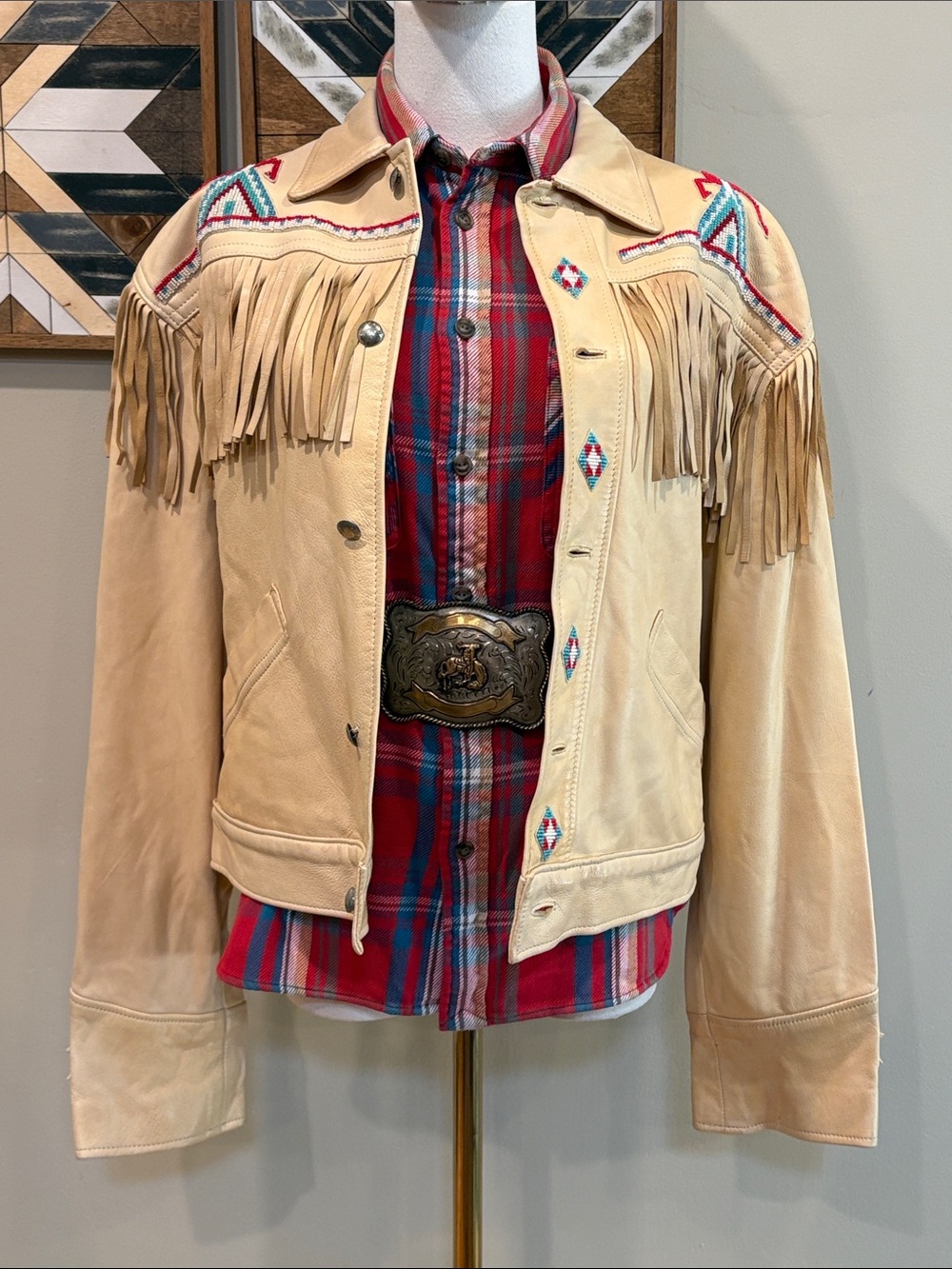 Vintage Ralph Lauren Country 1989 Western Beaded Fringe Leather Jacket sz Medium